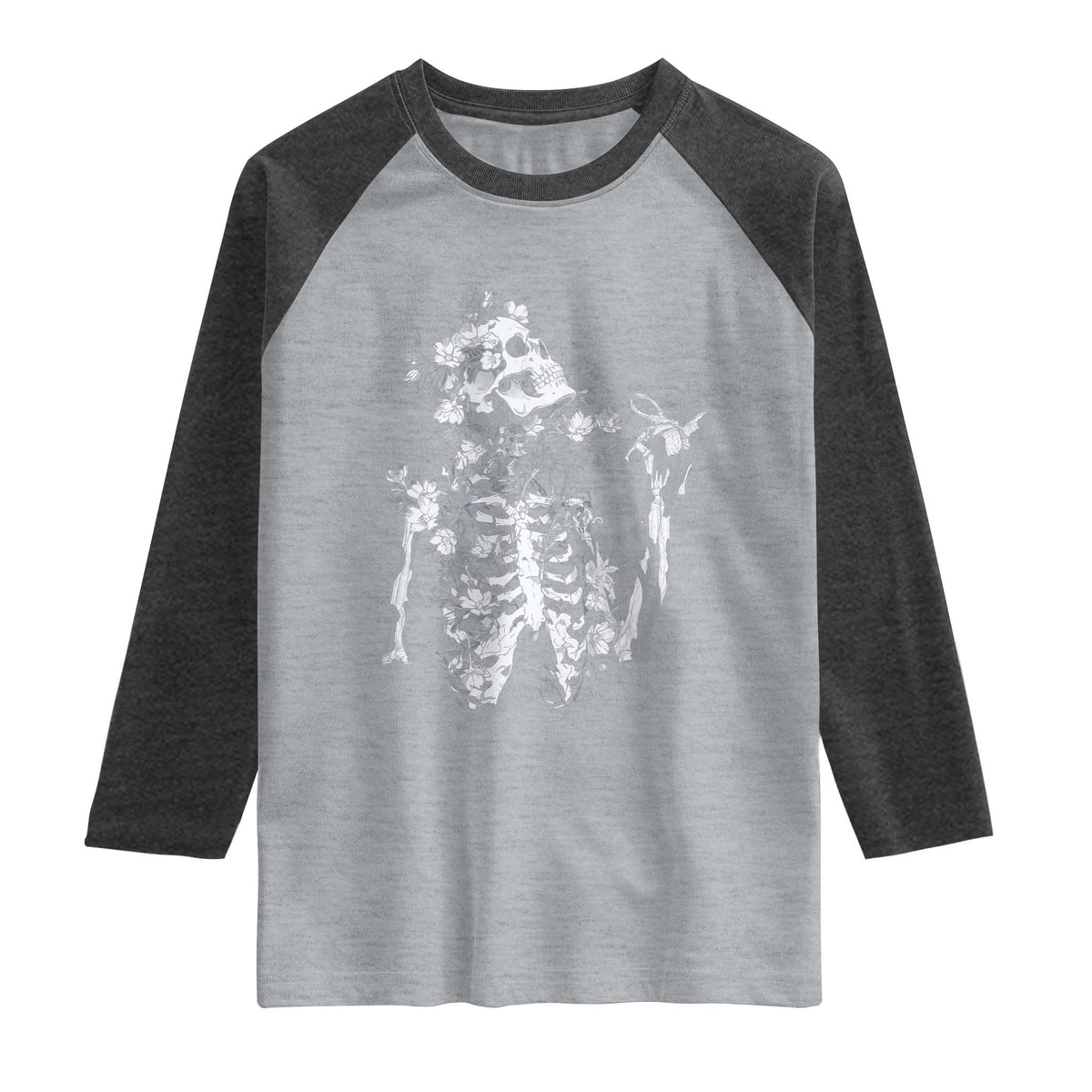 Gothic Grunge Floral Skeleton Raglan Shirt Dark Alternative Aesthetic For Women