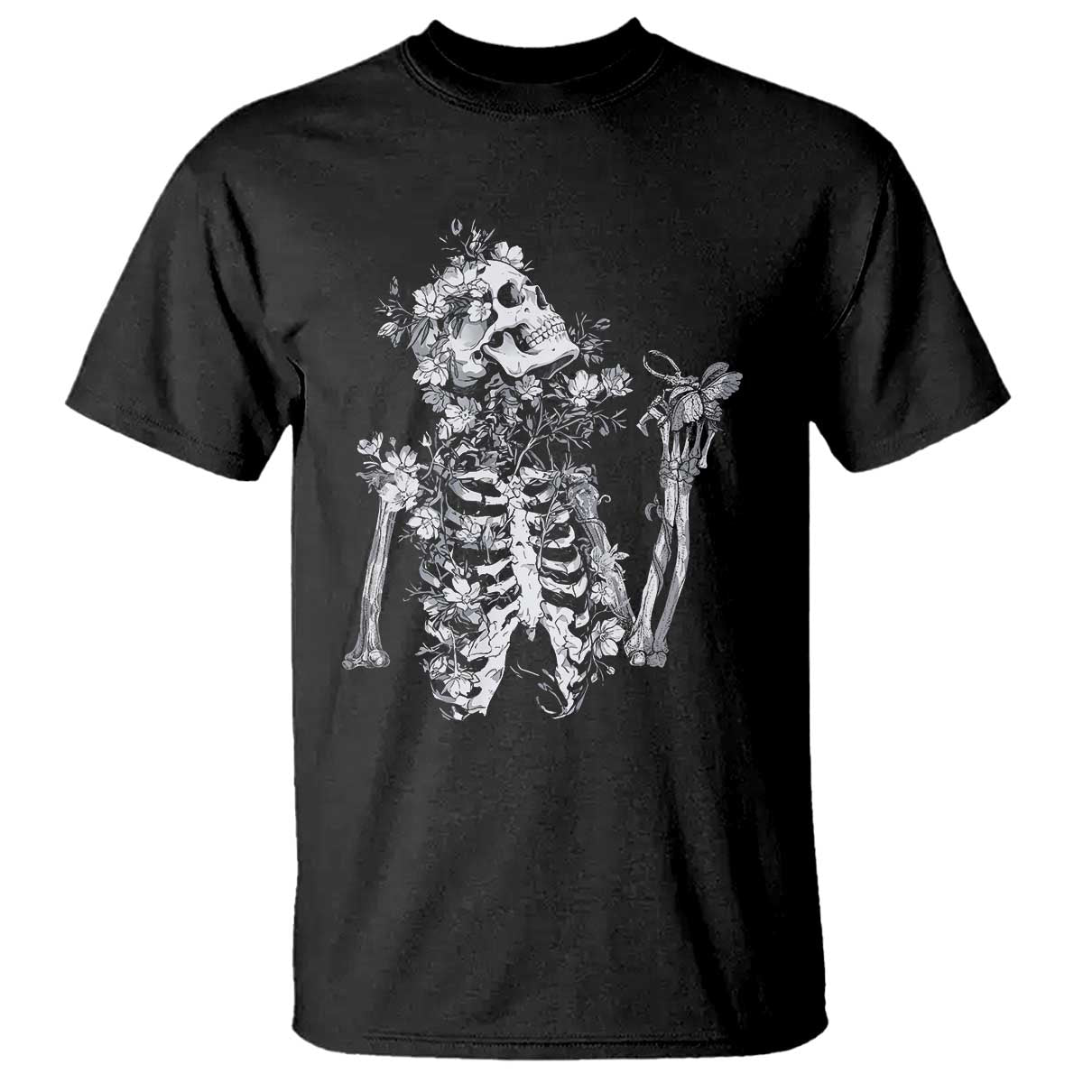 Gothic Grunge Floral Skeleton T Shirt Dark Alternative Aesthetic For Women