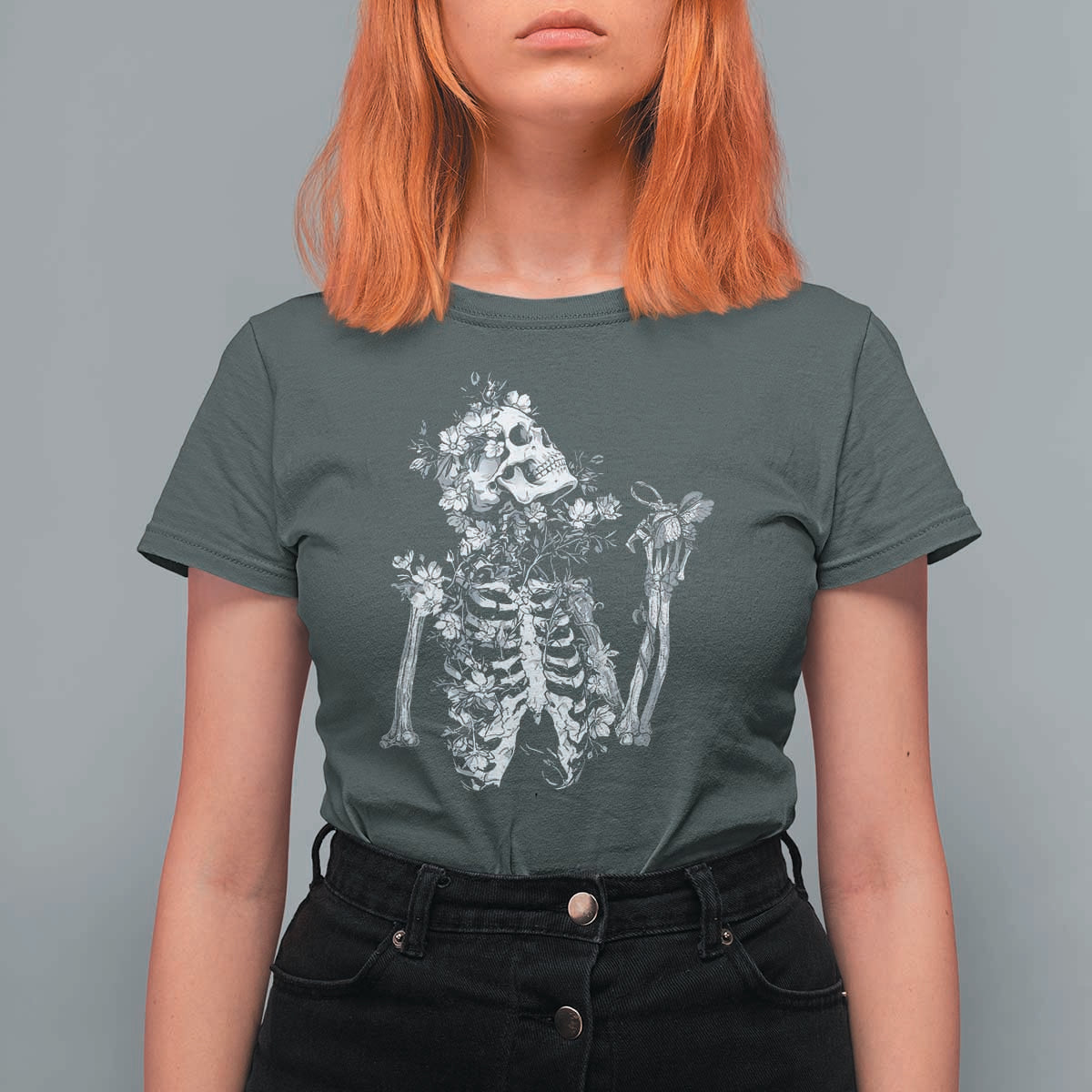 Gothic Grunge Floral Skeleton T Shirt For Women Dark Alternative Aesthetic For Women