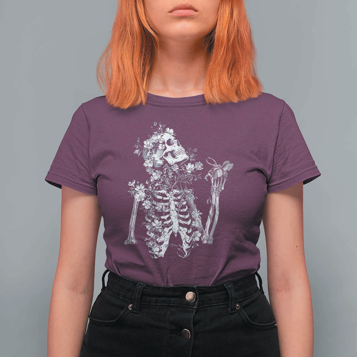 Gothic Grunge Floral Skeleton T Shirt For Women Dark Alternative Aesthetic For Women