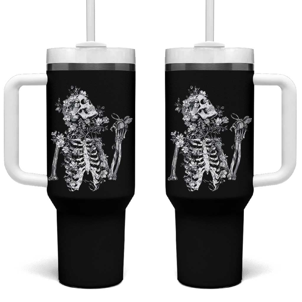 Gothic Grunge Floral Skeleton Tumbler With Handle Dark Alternative Aesthetic For Women