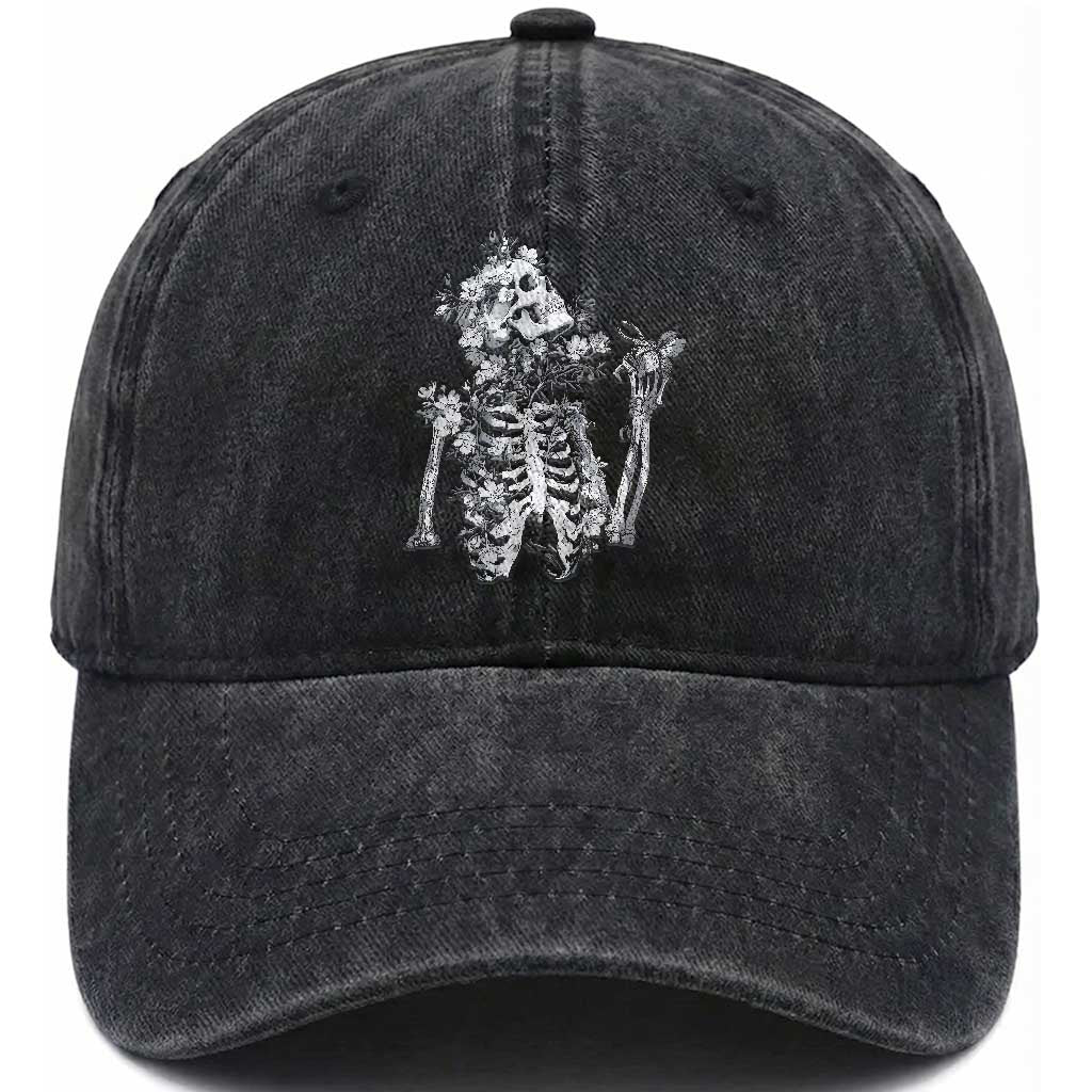 Gothic Grunge Floral Skeleton Washed Cotton Baseball Cap Dark Alternative Aesthetic For Women