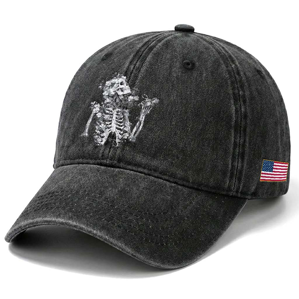 Gothic Grunge Floral Skeleton Washed Cotton Baseball Cap Dark Alternative Aesthetic For Women