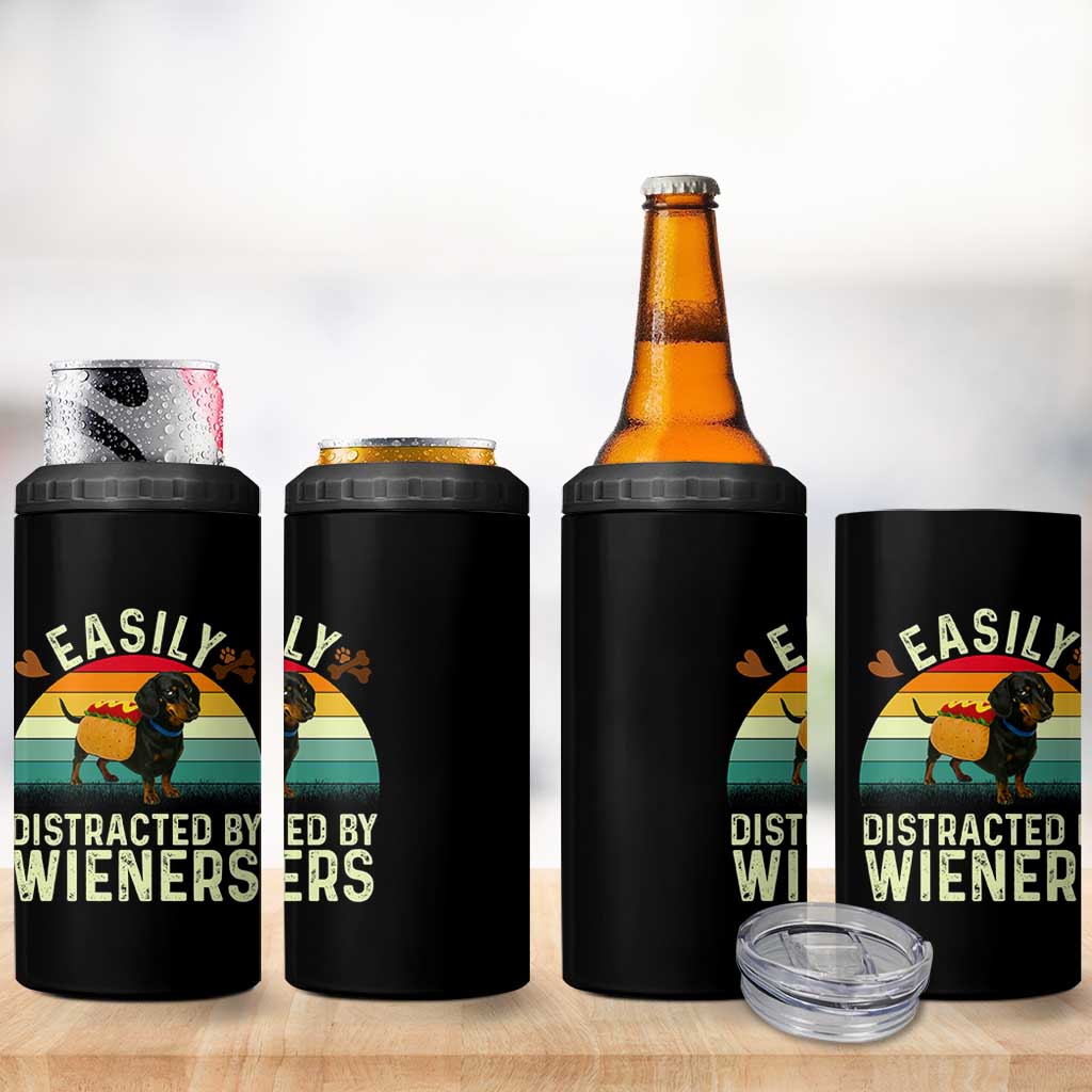 Easily Distracted By Wieners 4 in 1 Can Cooler Tumbler Funny Dachshund Dog In A Hot Dog Costume