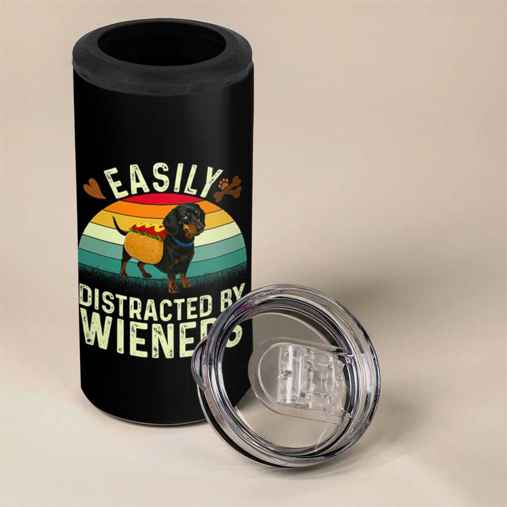 Easily Distracted By Wieners 4 in 1 Can Cooler Tumbler Funny Dachshund Dog In A Hot Dog Costume