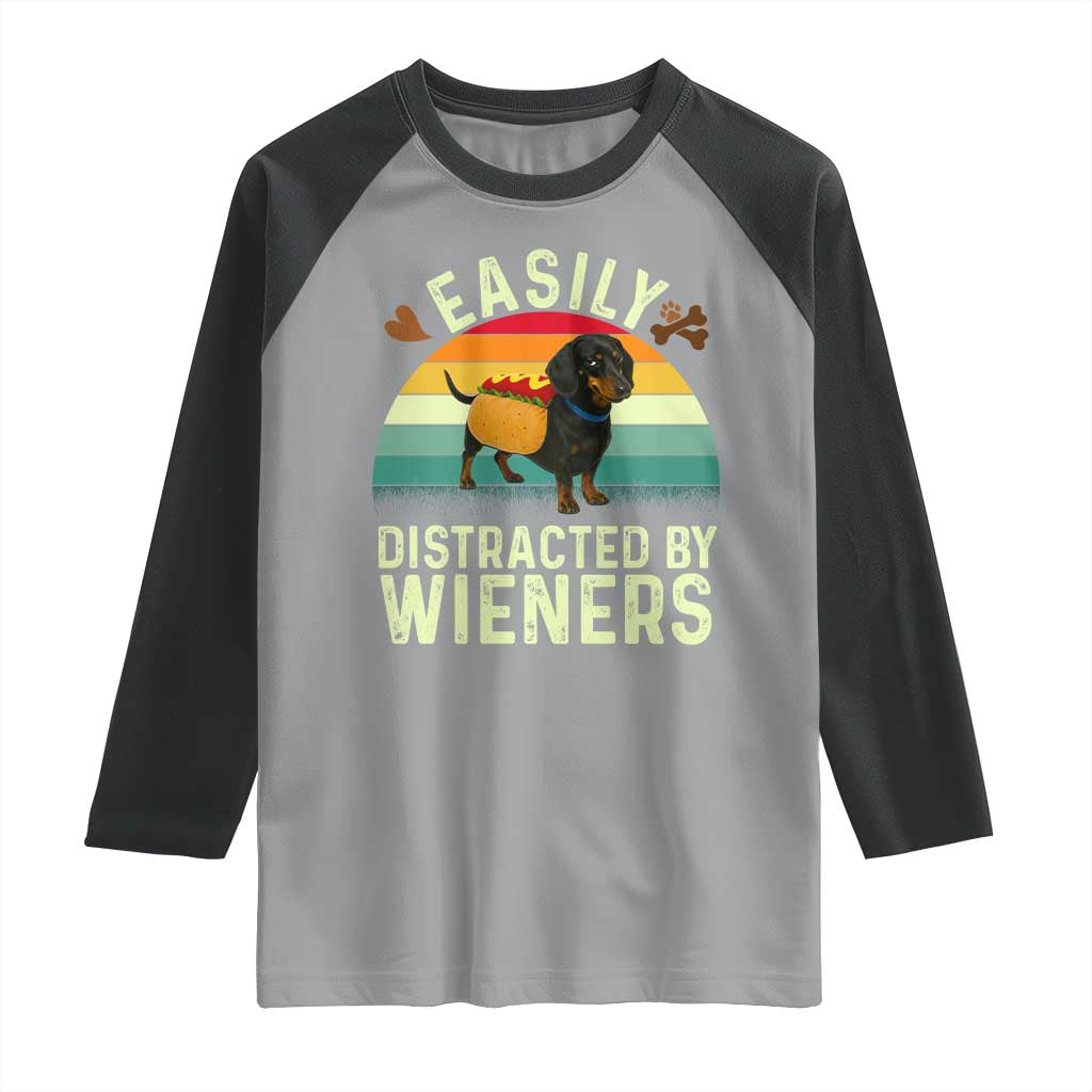Easily Distracted By Wieners Raglan Shirt Funny Dachshund Dog In A Hot Dog Costume - Wonder Print Shop