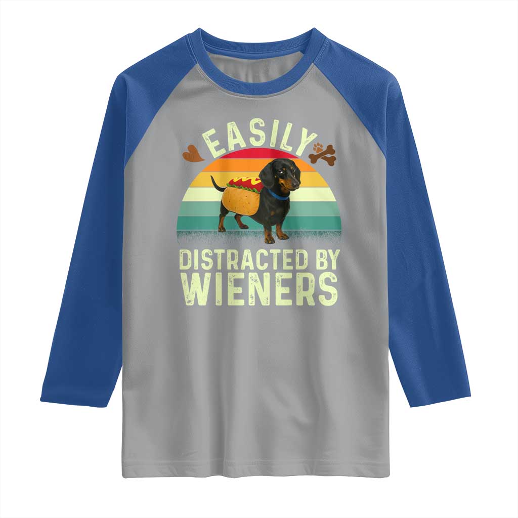 Easily Distracted By Wieners Raglan Shirt Funny Dachshund Dog In A Hot Dog Costume - Wonder Print Shop