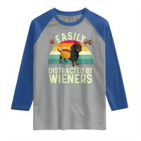 Easily Distracted By Wieners Raglan Shirt Funny Dachshund Dog In A Hot Dog Costume - Wonder Print Shop