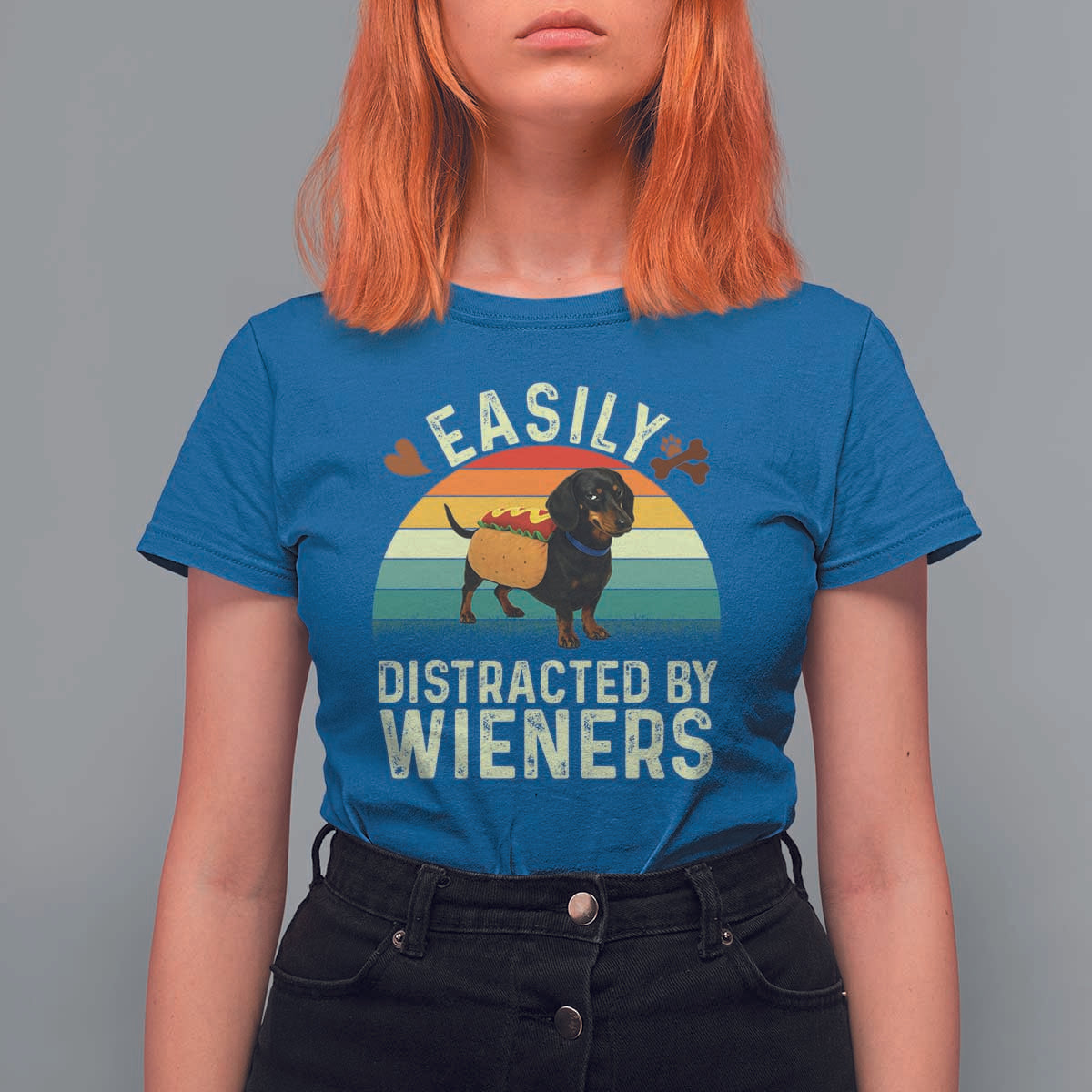 Easily Distracted By Wieners T Shirt For Women Funny Dachshund Dog In A Hot Dog Costume - Wonder Print Shop