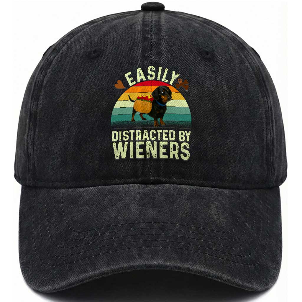 Easily Distracted By Wieners Washed Cotton Baseball Cap Funny Dachshund Dog In A Hot Dog Costume