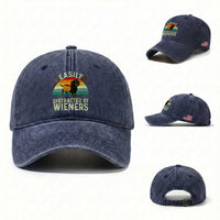 Easily Distracted By Wieners Washed Cotton Baseball Cap Funny Dachshund Dog In A Hot Dog Costume