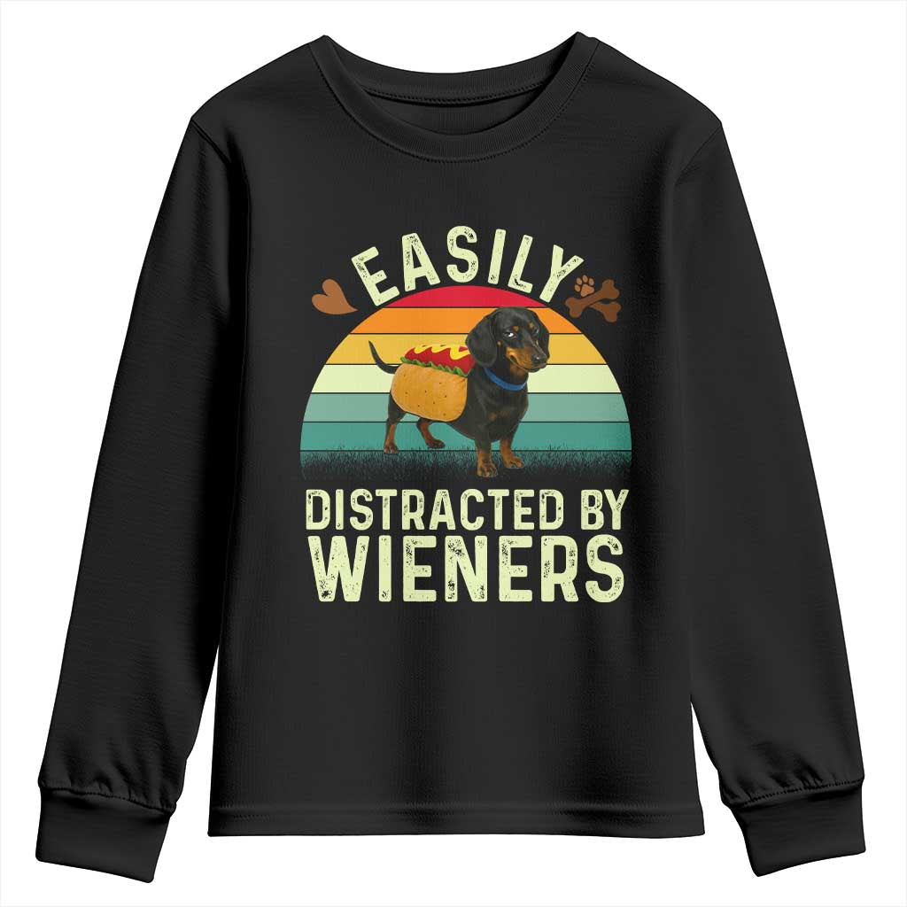 Easily Distracted By Wieners Youth Sweatshirt Funny Dachshund Dog In A Hot Dog Costume - Wonder Print Shop