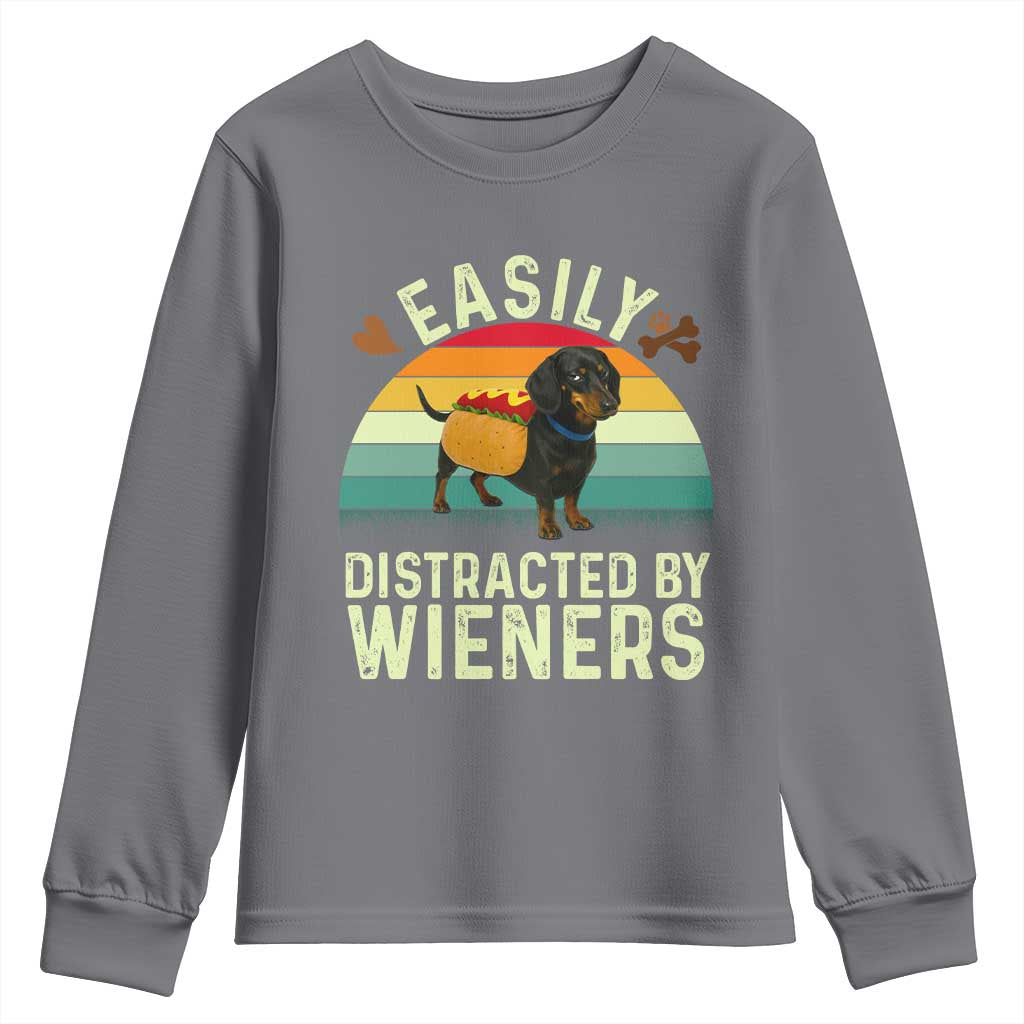 Easily Distracted By Wieners Youth Sweatshirt Funny Dachshund Dog In A Hot Dog Costume - Wonder Print Shop
