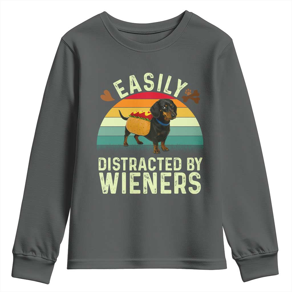 Easily Distracted By Wieners Youth Sweatshirt Funny Dachshund Dog In A Hot Dog Costume - Wonder Print Shop