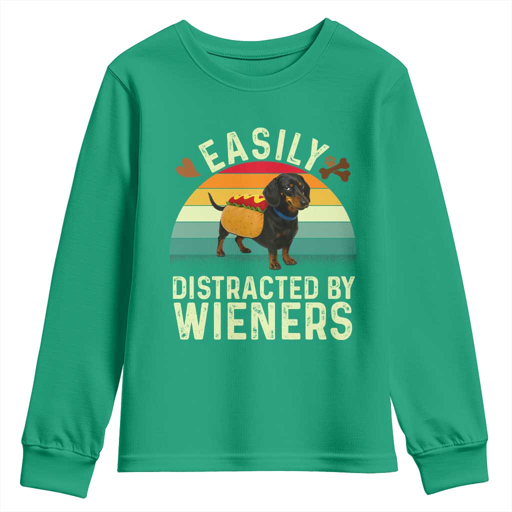 Easily Distracted By Wieners Youth Sweatshirt Funny Dachshund Dog In A Hot Dog Costume - Wonder Print Shop