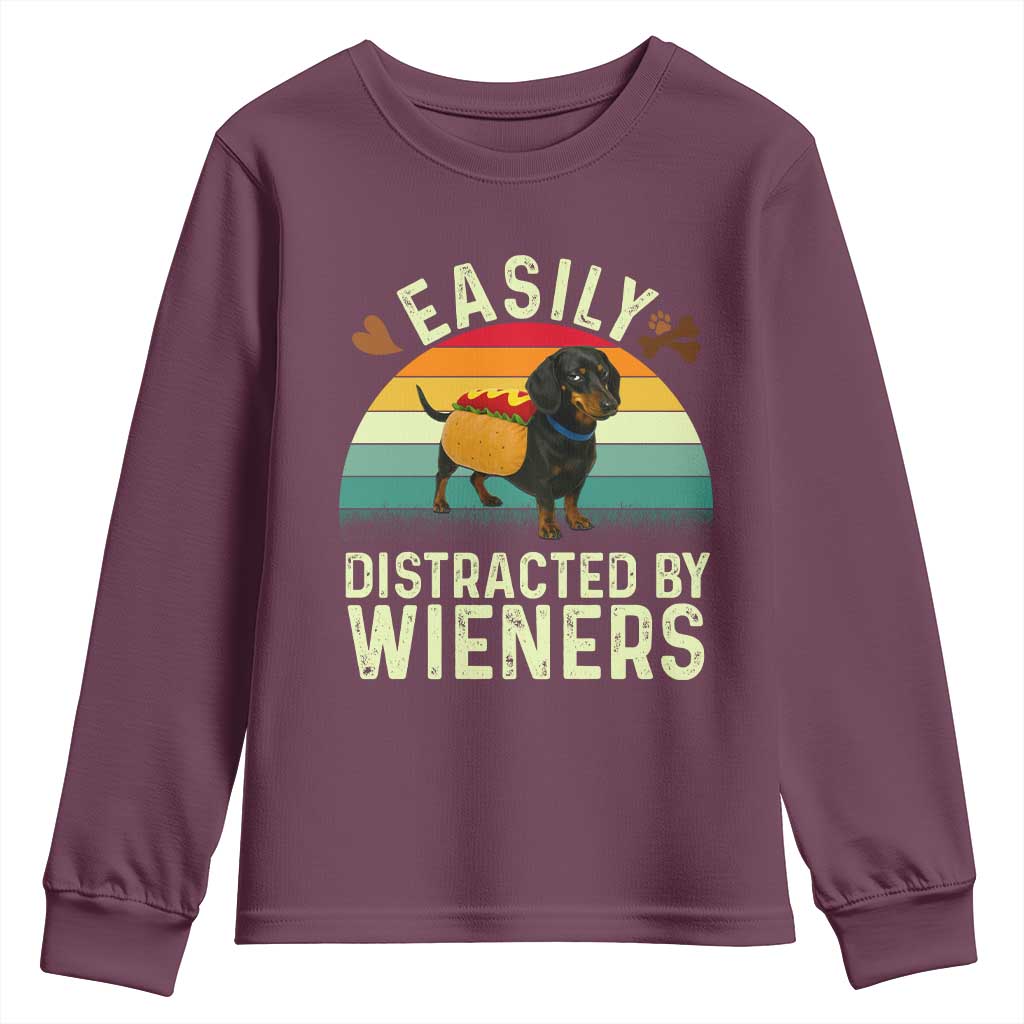 Easily Distracted By Wieners Youth Sweatshirt Funny Dachshund Dog In A Hot Dog Costume - Wonder Print Shop