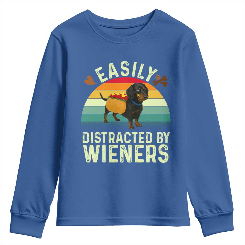 Easily Distracted By Wieners Youth Sweatshirt Funny Dachshund Dog In A Hot Dog Costume - Wonder Print Shop