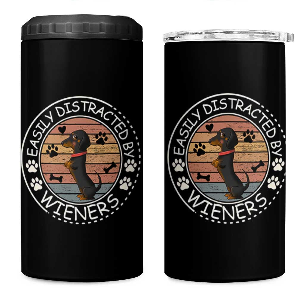 Easily Distracted By Wieners 4 in 1 Can Cooler Tumbler Dachshund Dog Lover Retro Sunset