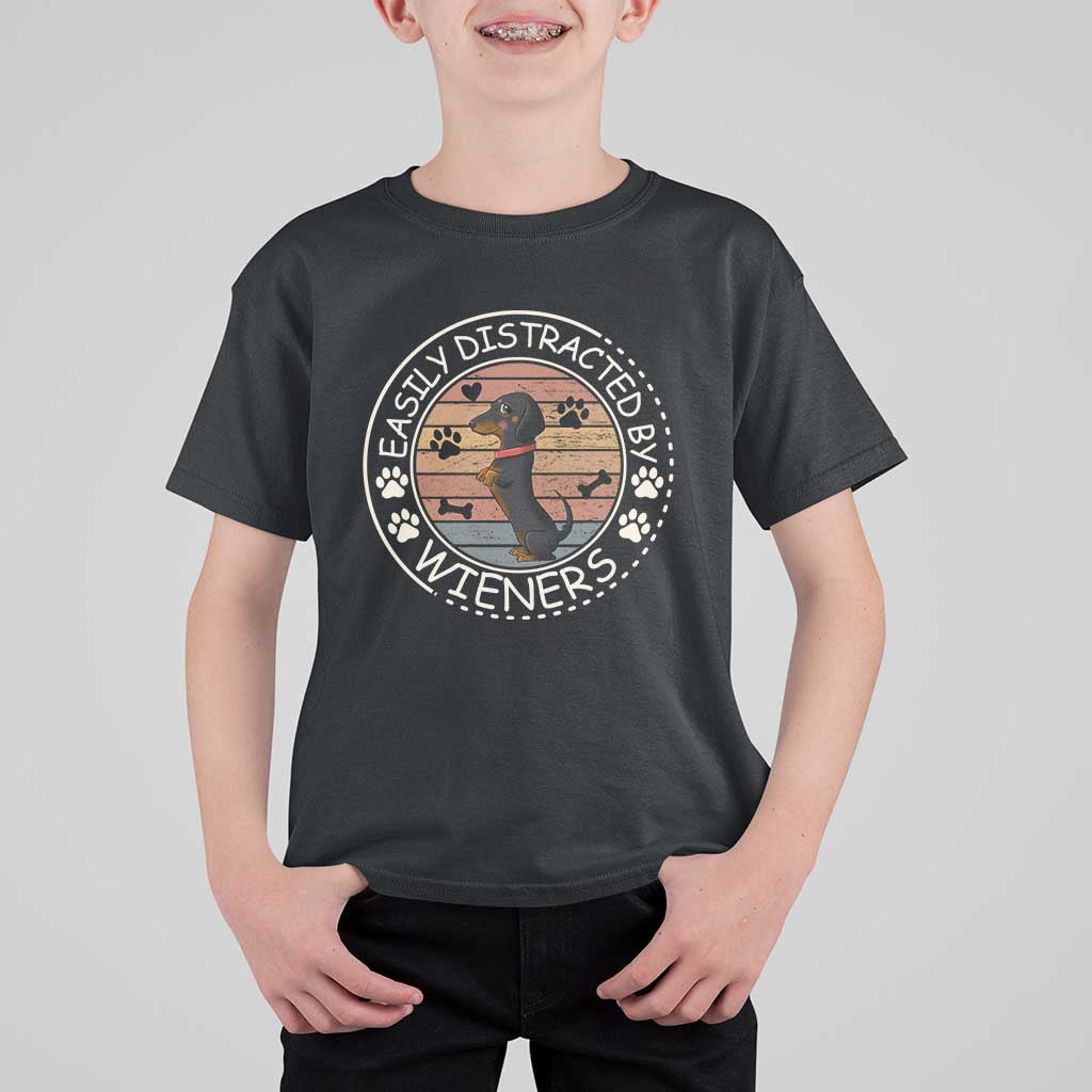 Easily Distracted By Wieners T Shirt For Kid Dachshund Dog Lover Retro Sunset - Wonder Print Shop