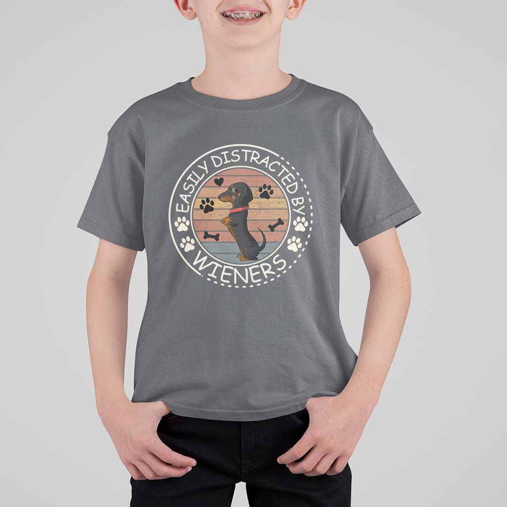 Easily Distracted By Wieners T Shirt For Kid Dachshund Dog Lover Retro Sunset - Wonder Print Shop