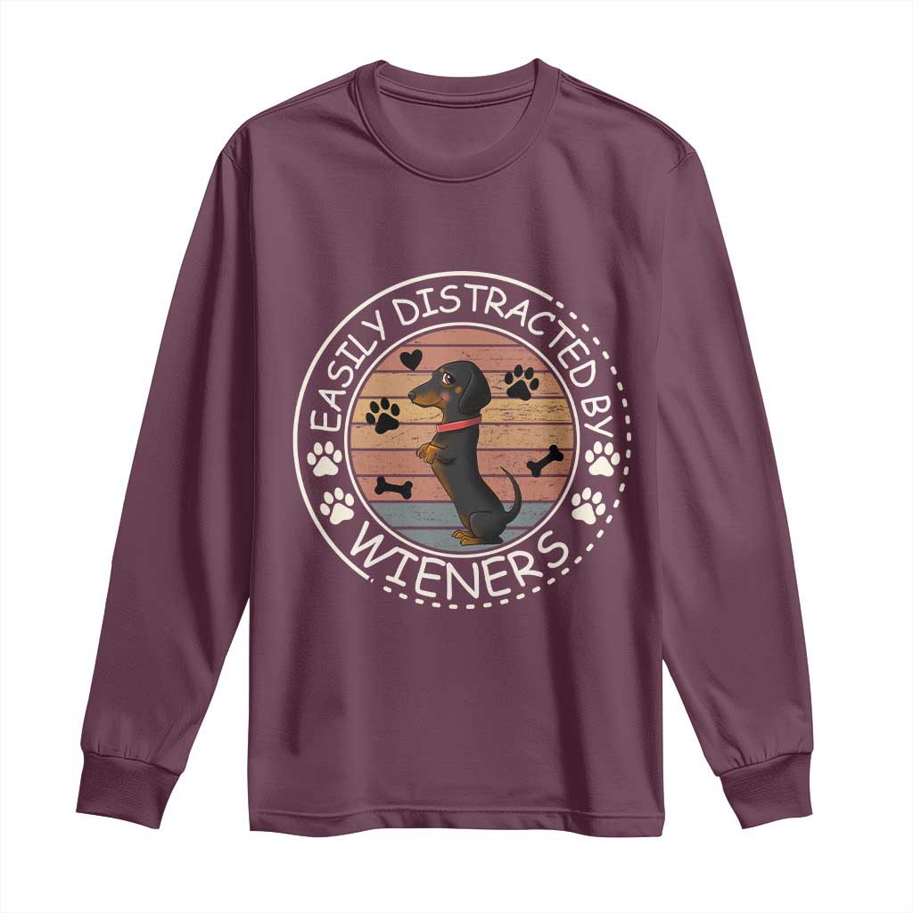 Easily Distracted By Wieners Long Sleeve Shirt Dachshund Dog Lover Retro Sunset - Wonder Print Shop