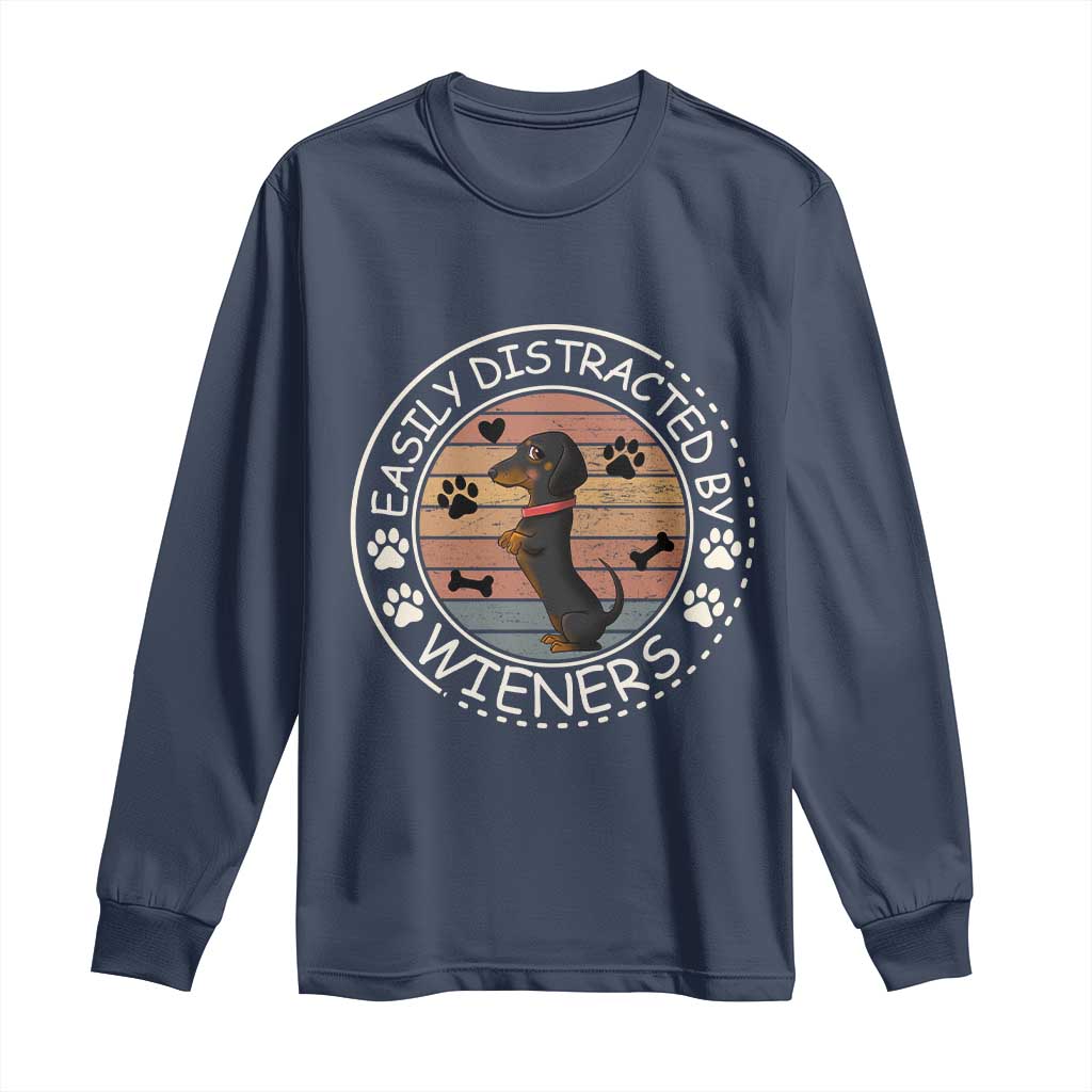 Easily Distracted By Wieners Long Sleeve Shirt Dachshund Dog Lover Retro Sunset - Wonder Print Shop