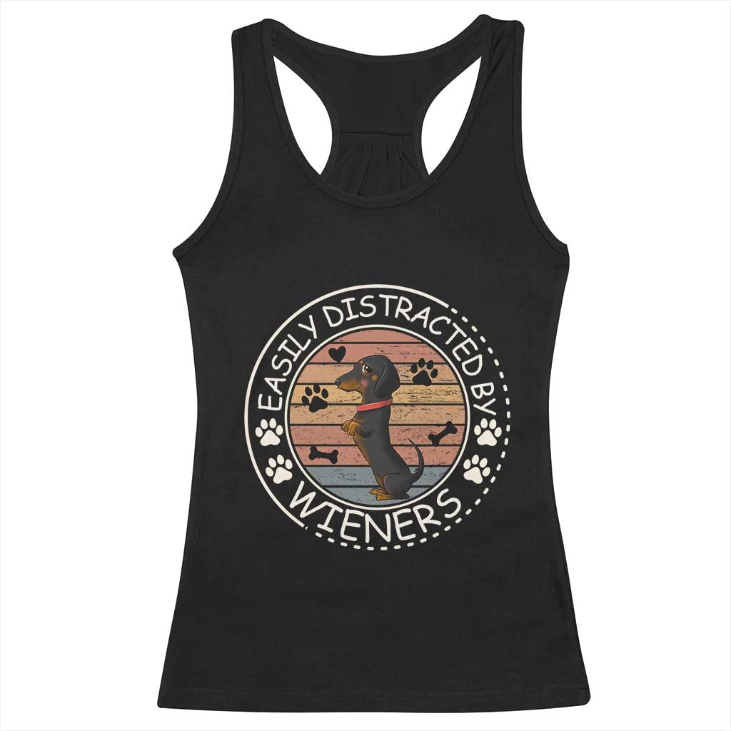 Easily Distracted By Wieners Racerback Tank Top Dachshund Dog Lover Retro Sunset - Wonder Print Shop
