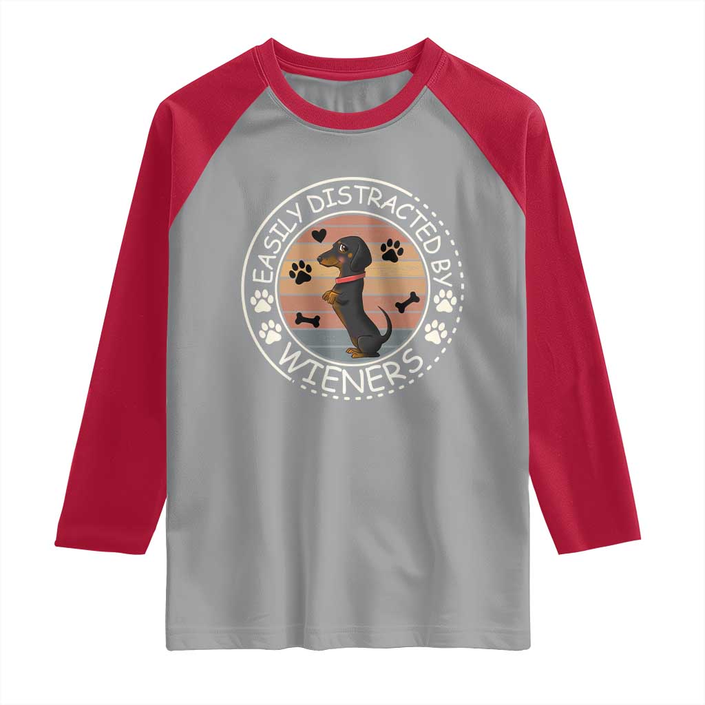 Easily Distracted By Wieners Raglan Shirt Dachshund Dog Lover Retro Sunset - Wonder Print Shop