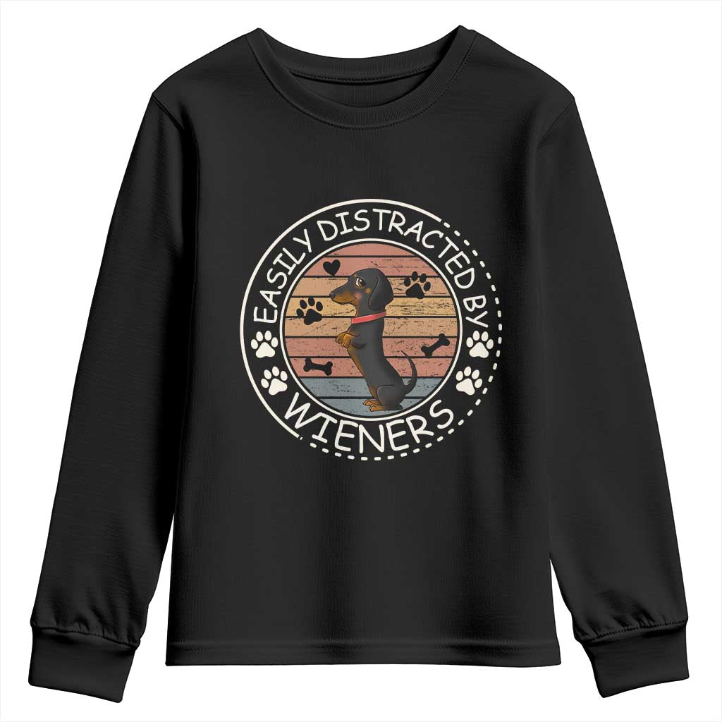 Easily Distracted By Wieners Youth Sweatshirt Dachshund Dog Lover Retro Sunset - Wonder Print Shop