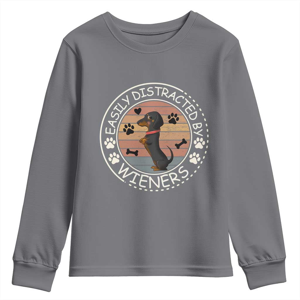 Easily Distracted By Wieners Youth Sweatshirt Dachshund Dog Lover Retro Sunset - Wonder Print Shop