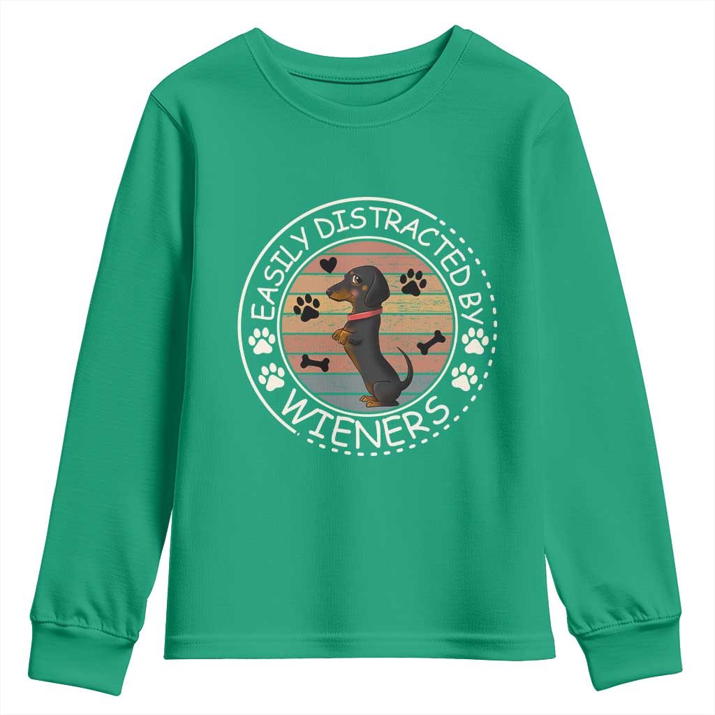 Easily Distracted By Wieners Youth Sweatshirt Dachshund Dog Lover Retro Sunset - Wonder Print Shop