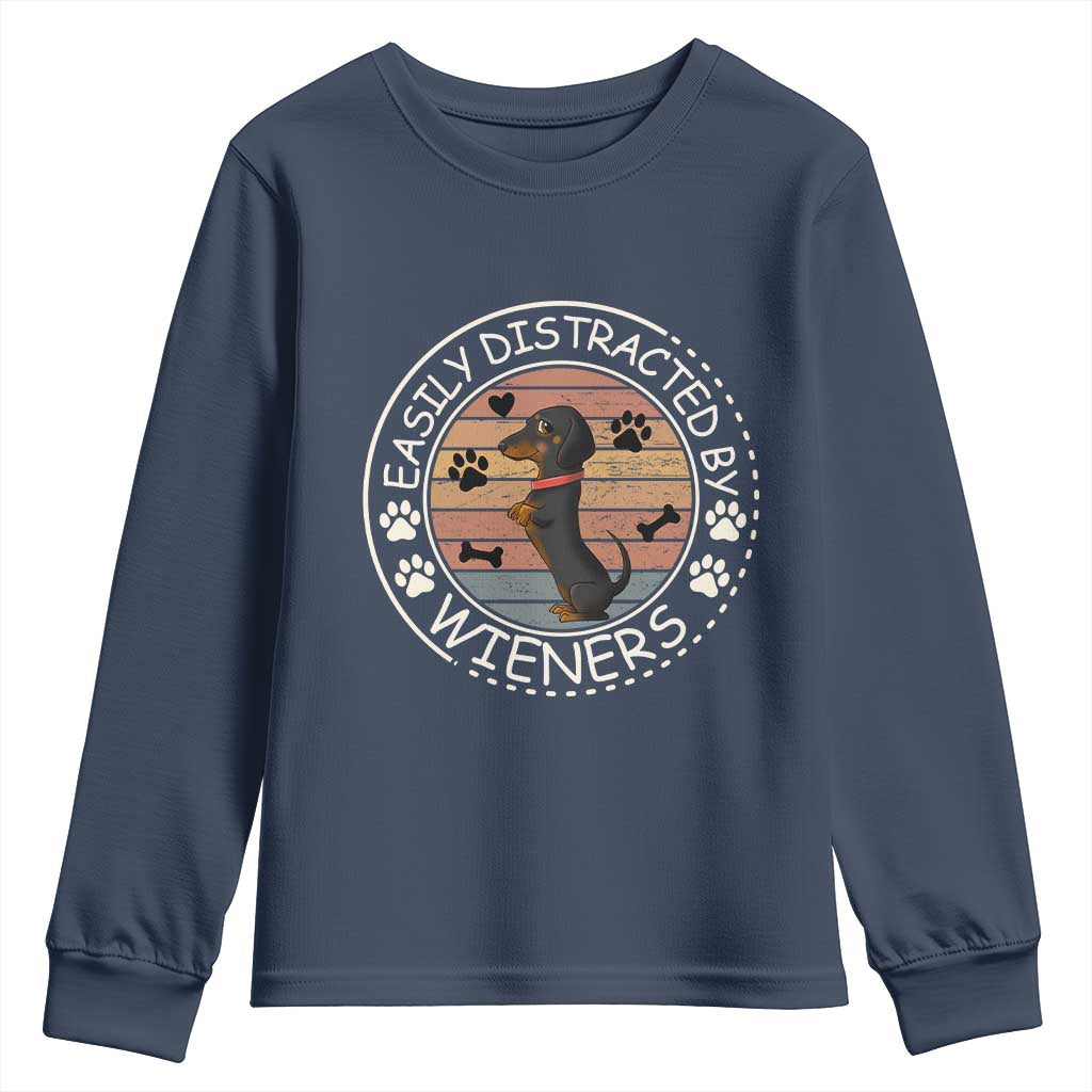 Easily Distracted By Wieners Youth Sweatshirt Dachshund Dog Lover Retro Sunset - Wonder Print Shop
