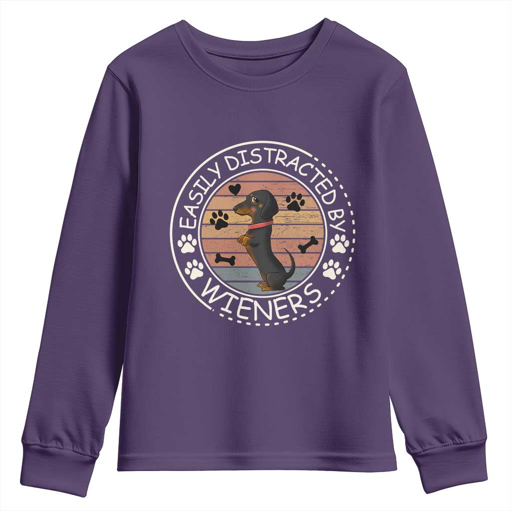 Easily Distracted By Wieners Youth Sweatshirt Dachshund Dog Lover Retro Sunset - Wonder Print Shop