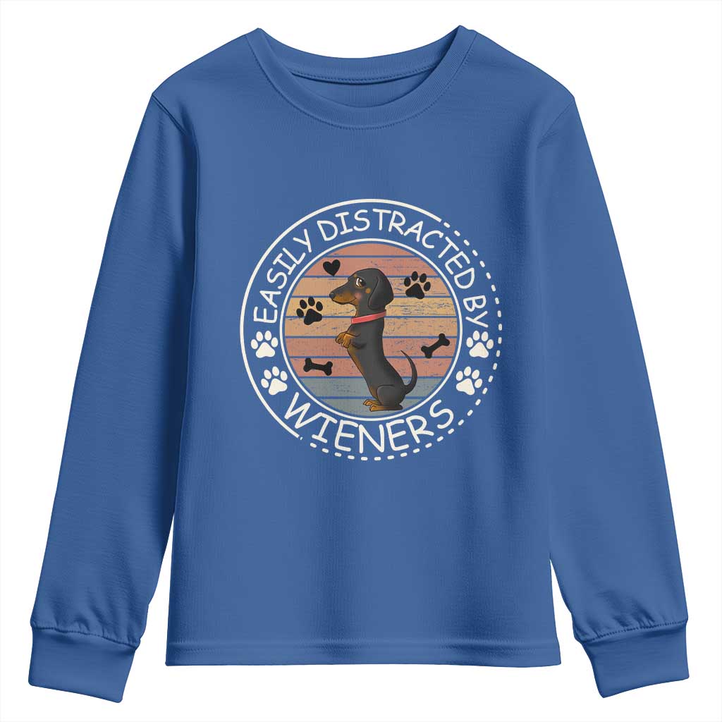 Easily Distracted By Wieners Youth Sweatshirt Dachshund Dog Lover Retro Sunset - Wonder Print Shop