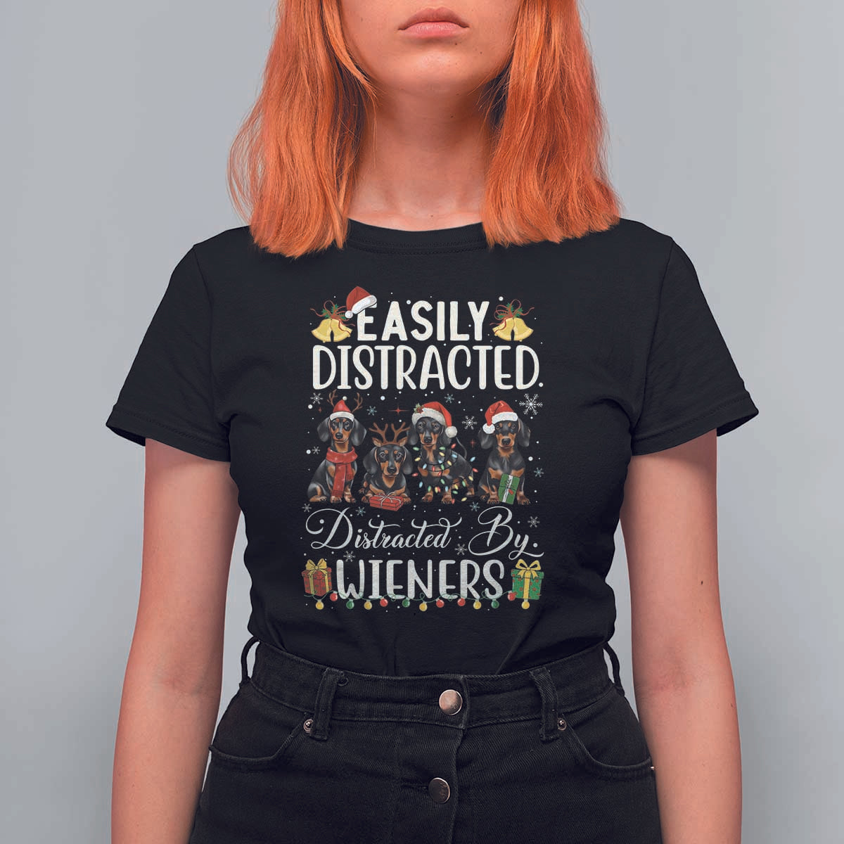 Christmas Dachshund T Shirt For Women Funny Easily Distracted By Wieners - Wonder Print Shop