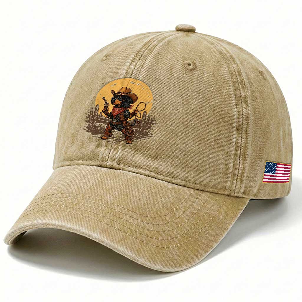 Funny Dachshund Cowboy Washed Cotton Baseball Cap Western Wiener Dog