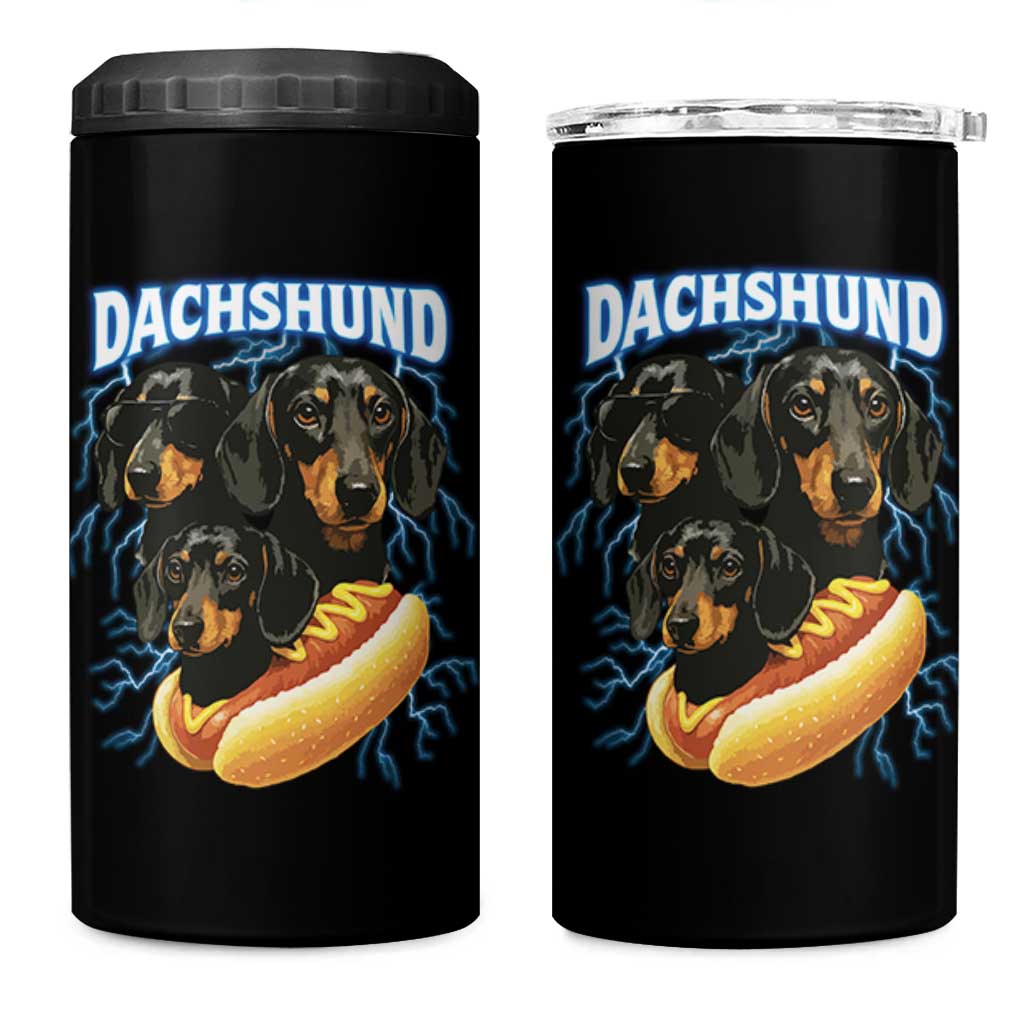 Dog Meme 4 in 1 Can Cooler Tumbler Funny Dachshund Dog In A Hot Dog Costume