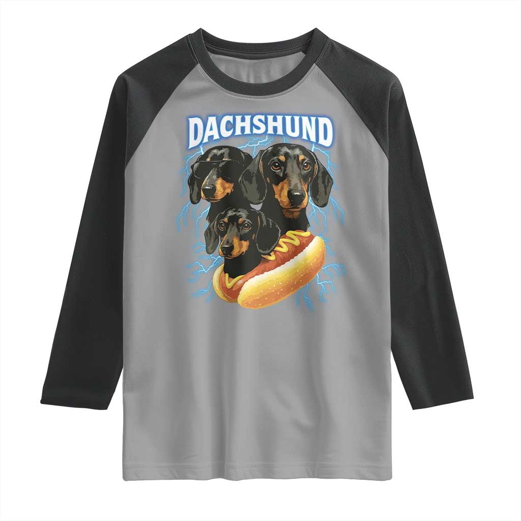 Dog Meme Raglan Shirt Funny Dachshund Dog In A Hot Dog Costume - Wonder Print Shop