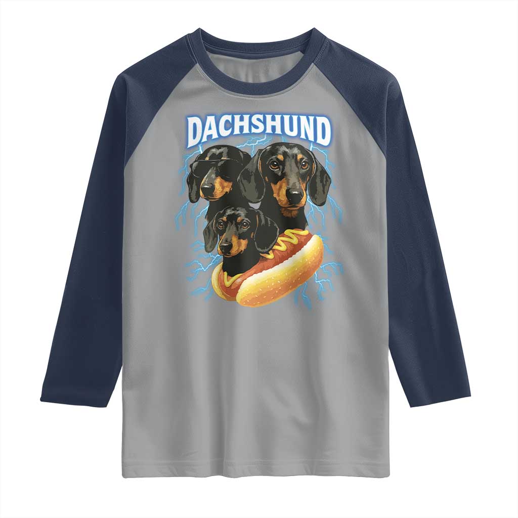 Dog Meme Raglan Shirt Funny Dachshund Dog In A Hot Dog Costume - Wonder Print Shop