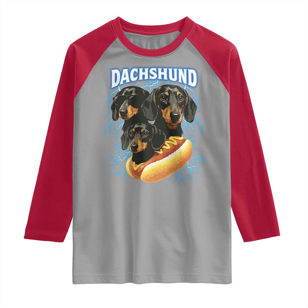 Dog Meme Raglan Shirt Funny Dachshund Dog In A Hot Dog Costume - Wonder Print Shop