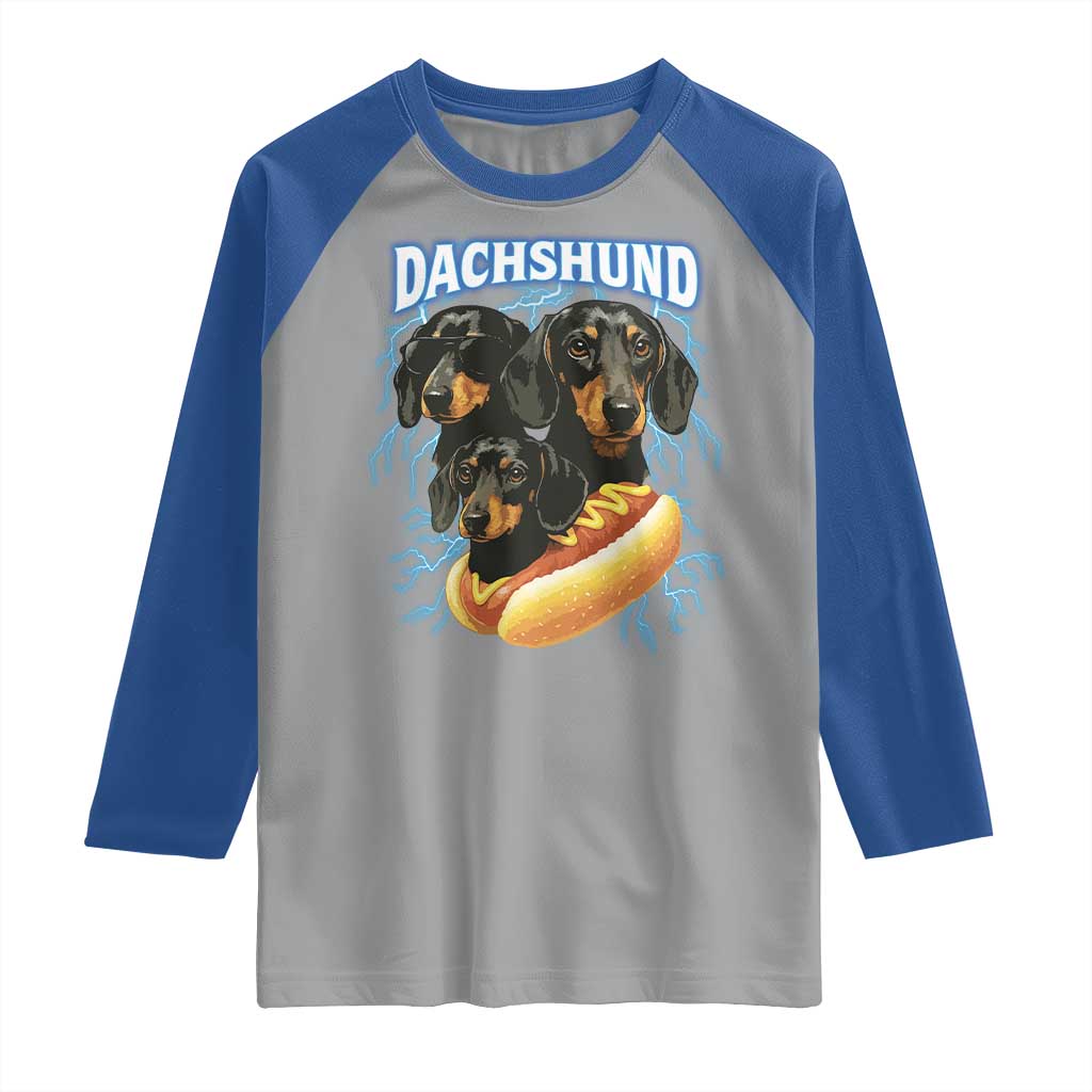 Dog Meme Raglan Shirt Funny Dachshund Dog In A Hot Dog Costume - Wonder Print Shop