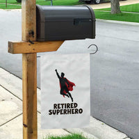Retired Superhero Retirement Gift Garden Flag Flying Red Cape Silhouette Graphic