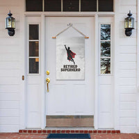 Retired Superhero Retirement Gift Garden Flag Flying Red Cape Silhouette Graphic
