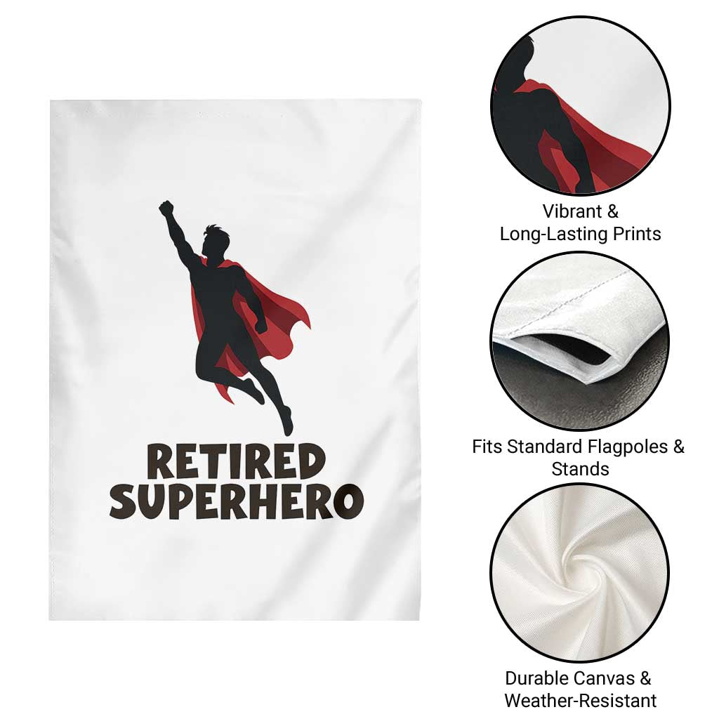 Retired Superhero Retirement Gift Garden Flag Flying Red Cape Silhouette Graphic