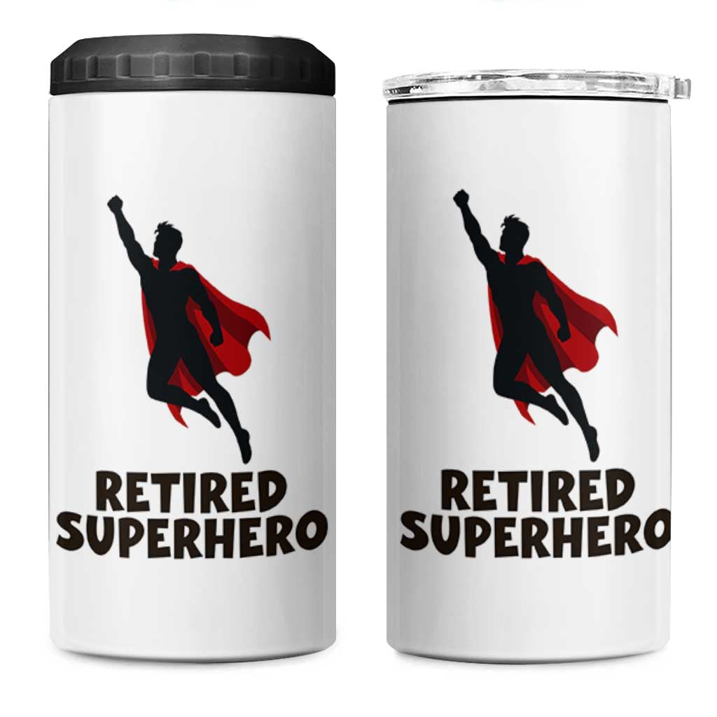Retired Superhero Retirement Gift 4 in 1 Can Cooler Tumbler Flying Red Cape Silhouette Graphic