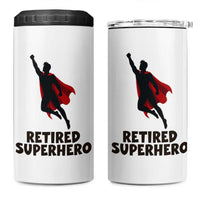 Retired Superhero Retirement Gift 4 in 1 Can Cooler Tumbler Flying Red Cape Silhouette Graphic