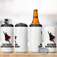 Retired Superhero Retirement Gift 4 in 1 Can Cooler Tumbler Flying Red Cape Silhouette Graphic