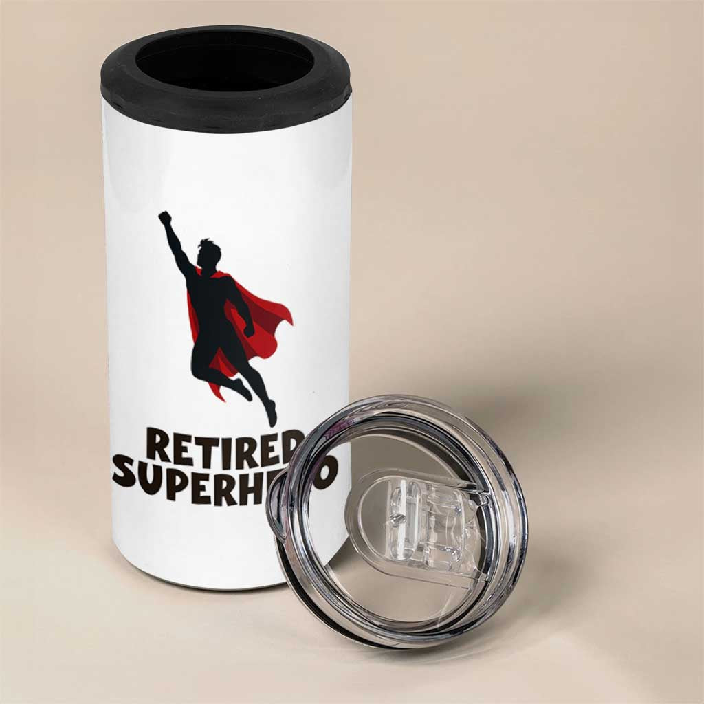 Retired Superhero Retirement Gift 4 in 1 Can Cooler Tumbler Flying Red Cape Silhouette Graphic