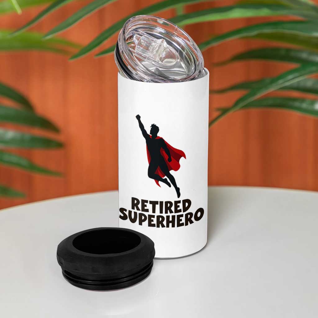 Retired Superhero Retirement Gift 4 in 1 Can Cooler Tumbler Flying Red Cape Silhouette Graphic