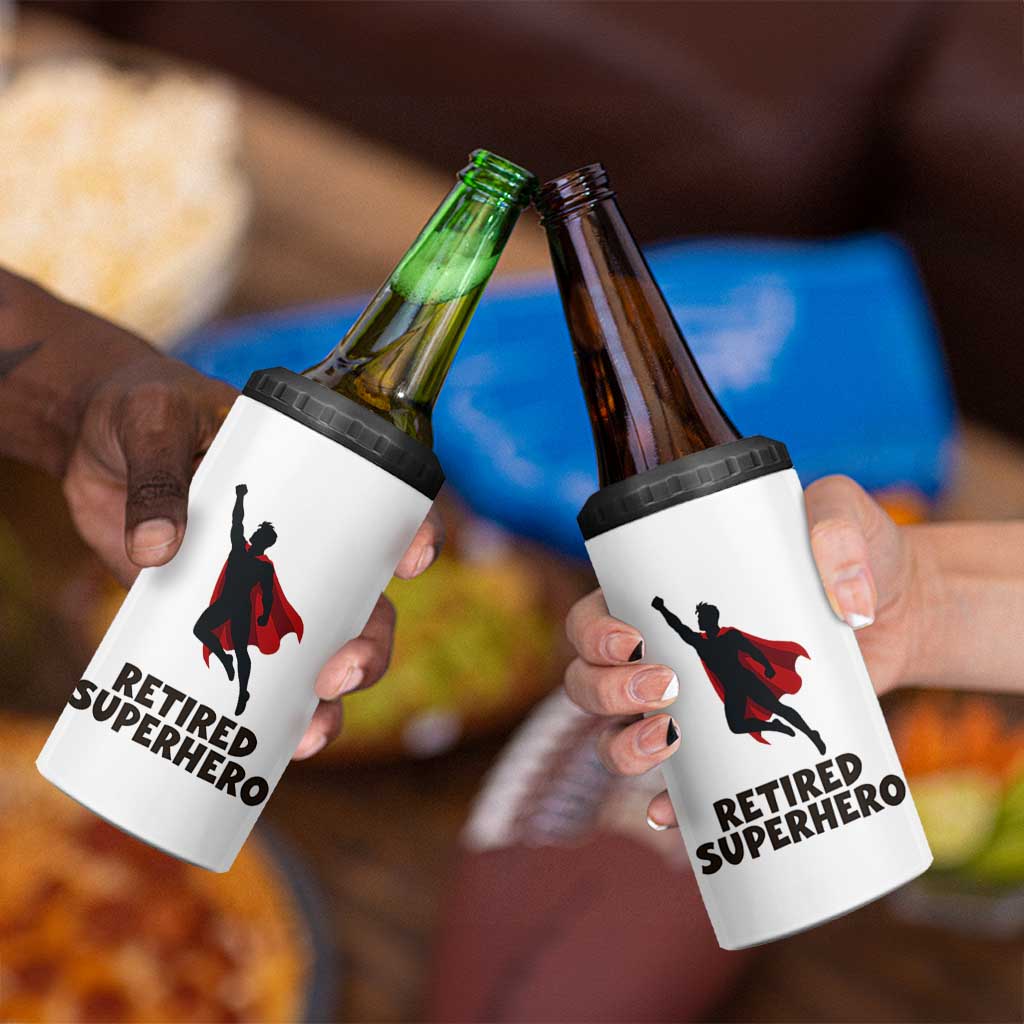 Retired Superhero Retirement Gift 4 in 1 Can Cooler Tumbler Flying Red Cape Silhouette Graphic